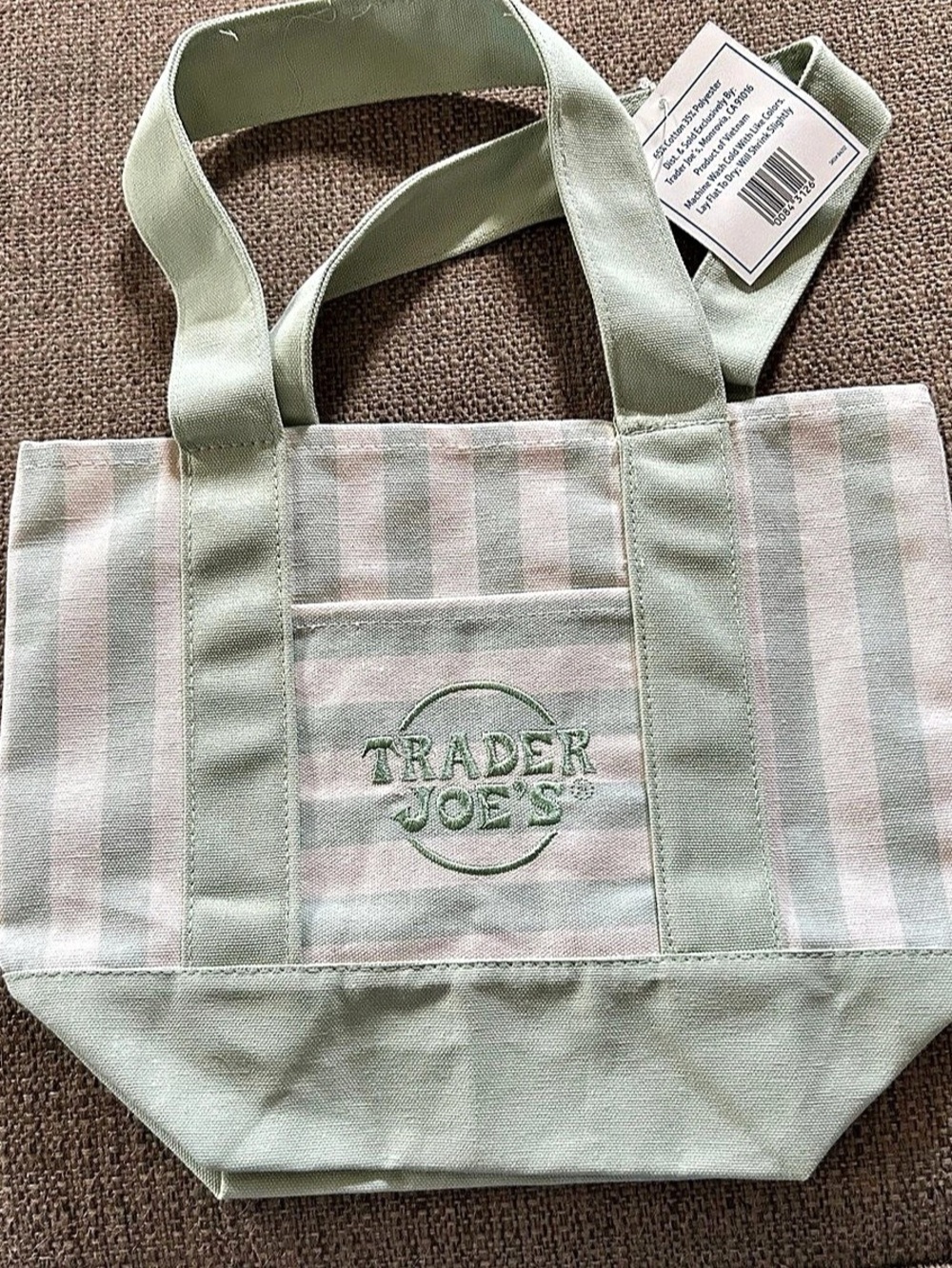 Trader Joe's Striped Mini Canvas Tote Bag Green & White